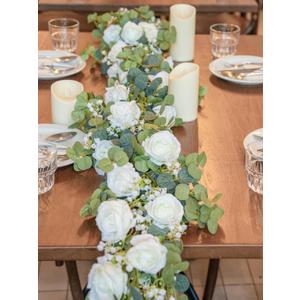6FT Artificial Eucalyptus Garland with Flowers, 10 White Roses Baby Breath Garland Floral Greenery for Wedding Party Centerpiece Table Runner Backdrop Wall Decor Decoration