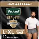 Depend Real Fit Adult Diapers, Incontinence Underwear for Men, Disposable, Maximum Absorbency, Large/Extra Large, Grey, 12 Count, Packaging May Vary