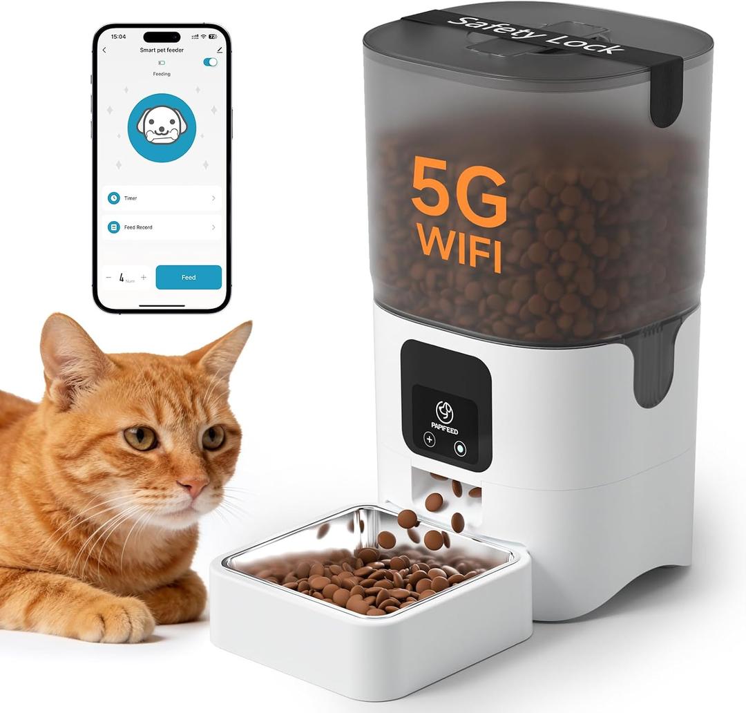 PAPIFEED Automatic Cat Feeder with App, 5G WiFi Cat Food Dispenser, 6L Timed Cat Feeder for Dry Food, 10 Meals/Day, 12 Portions/Meal, Dual Power Supply Smart Pet Feeder for Small Dog, White
