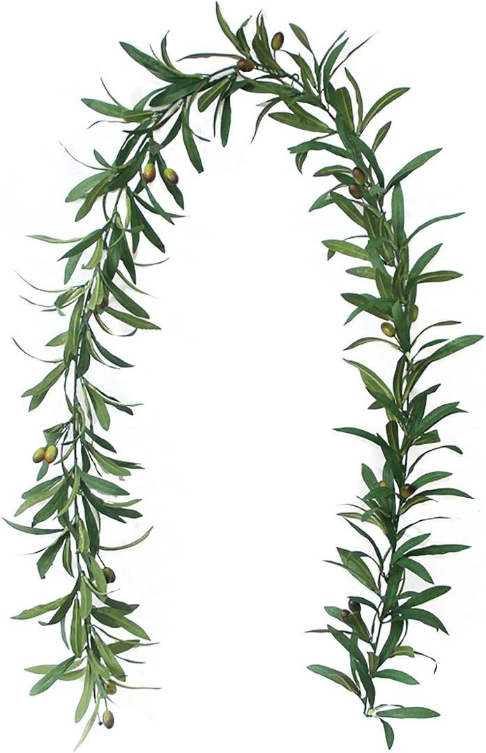 Emivery 73'' Artificial Olive Leaf Vines Rattan Ivy Vines Leaf Greenery Garland with Fruit Artificial Hanging Leaves Vines for Wedding Party Home Garden Front Door Wall Decor Green (1 Pack, Length: 73 inches)
