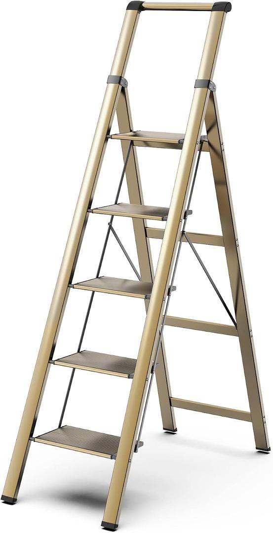 GameGem 5 Step Ladder for 10 Feet High Ceiling, Lightweight Aluminum Folding Step Stool with Convenient Handgrip, Stepladders with Anti-Slip and Wide Pedal for Home Use Space Saving - Gold