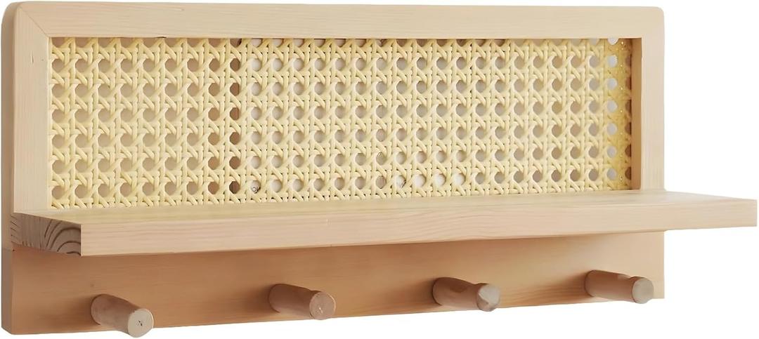 2 PCS Rattan Wall Shelves, Natural Wood No-Drill Rattan Wall Shelf with 4 Hooks for Planters Coats Bags Keys, Self-Adhesive Floating Shelf for Entryway Bedroom Kitchen