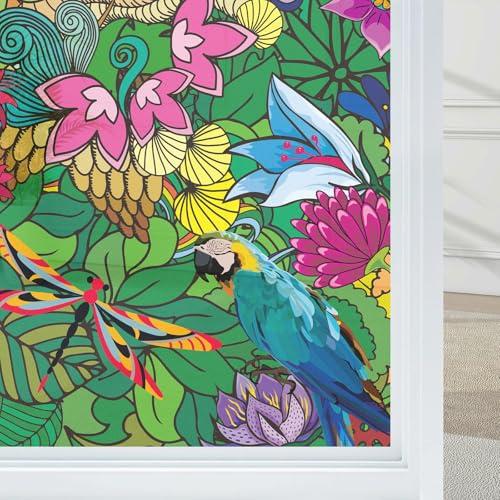 Privacy Window Film Static Cling, Frosted Stained Glass Effect with Floral Bird Pattern, UV Blocking & Heat Control for Bathroom, Office, Car, No Glue (31.5 x 78.7 Inch) Set of 3