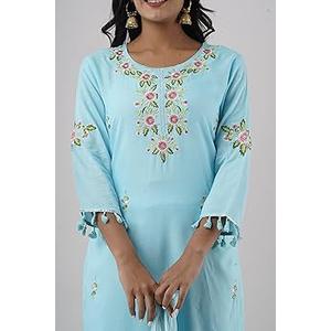 VRD Women's Rayon Regular Kurta with Pant & Dupatta || Pom-Pom Kurta Set For Girls ||Salwar Suit Set, Size L