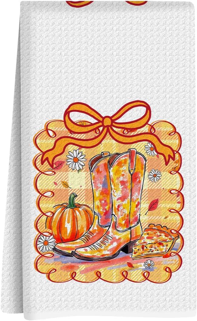 Fall Pumpkin Western Cowgirl Boots Bow Decor Kitchen Towel, Reusable Tea Towel, Dish Towels, Suitable for Bathroom, Home, Kitchen, Sink, Autumn Atmosphere Decoration, 13.8x23.6 Inches