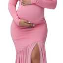Maternity Long Sleeve Off Shoulder Baby Shower Dress Party Mesh Paneled Split Maxi Photography Gown for Photoshoot (Pink, XL)