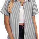 Hawaiian Shirts for Women Tropical Shirt Summer Beach Button Down Short Sleeve Blouses Floral Top Aloha Luau Outfits 2025 (Large, Black Striped)