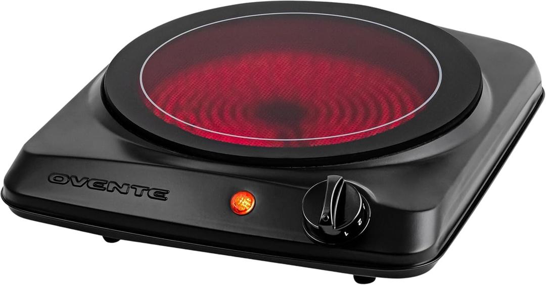 OVENTE Countertop Infrared Single Burner, 1000W Electric Hot Plate with 7 Ceramic Glass Cooktop, 5 Level Temperature Setting & Easy to Clean Base, Compact Stove for Home Dorm Office, Black BGI101B