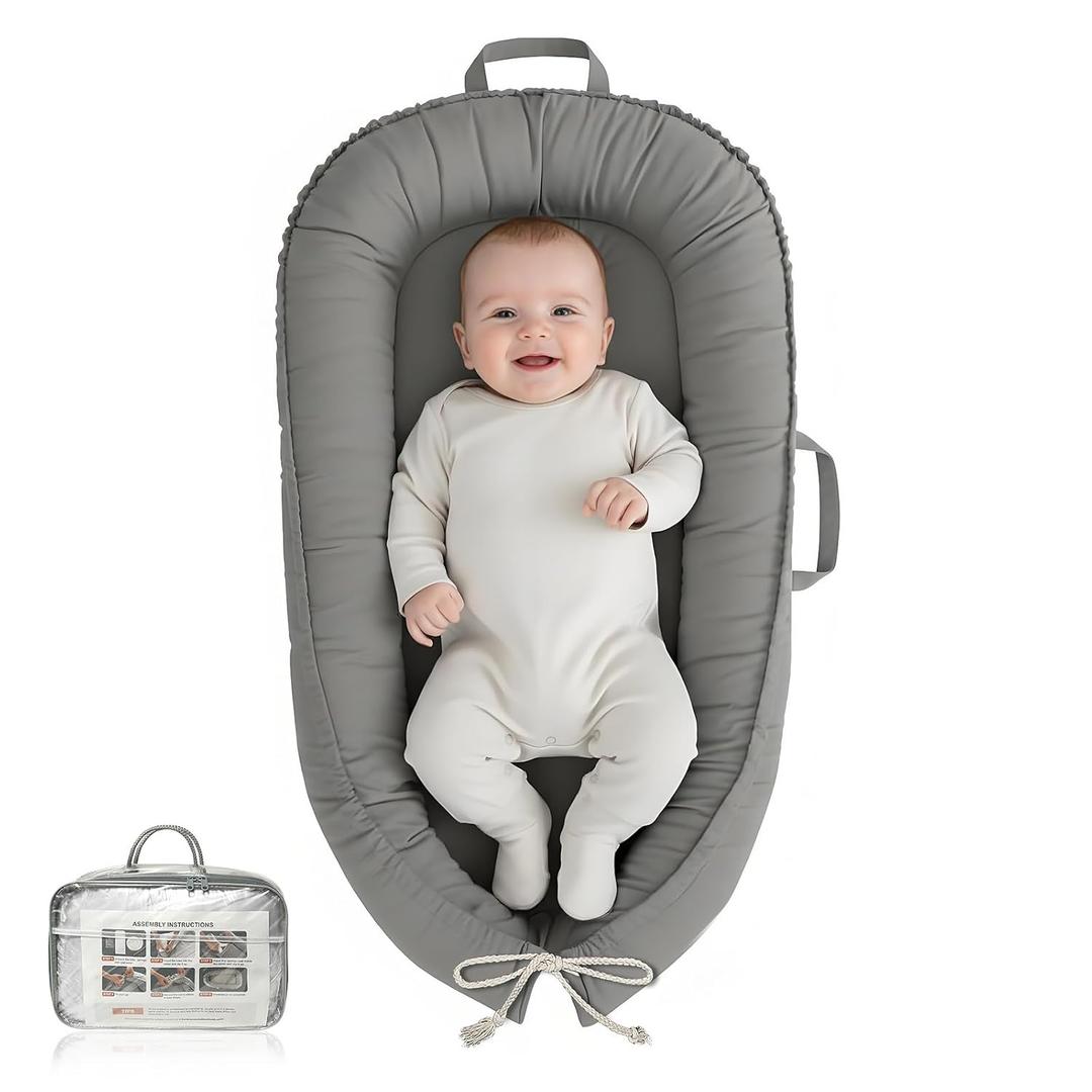 Baby Lounger - Infant Lounger for Newborn 0-24 Months, Pure Cotton Breathable Baby Nest Lounger, Newborn Essentials for Baby Boys & Girls, Portable Baby Lounger for Home and Travel (Misty Gray)