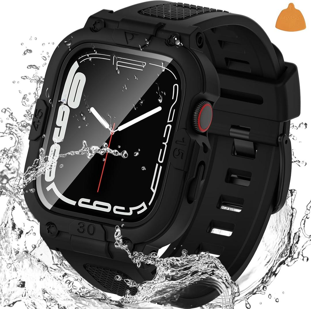 Goton 3 in 1 Waterproof Case with Band for Apple Watch with Built-in Tempered Glass Screen Protector 41mm, 360 Shockproof Bumper Face Cover with Band for Apple Watch Series 9/8/7, 41mm (Matte Black)