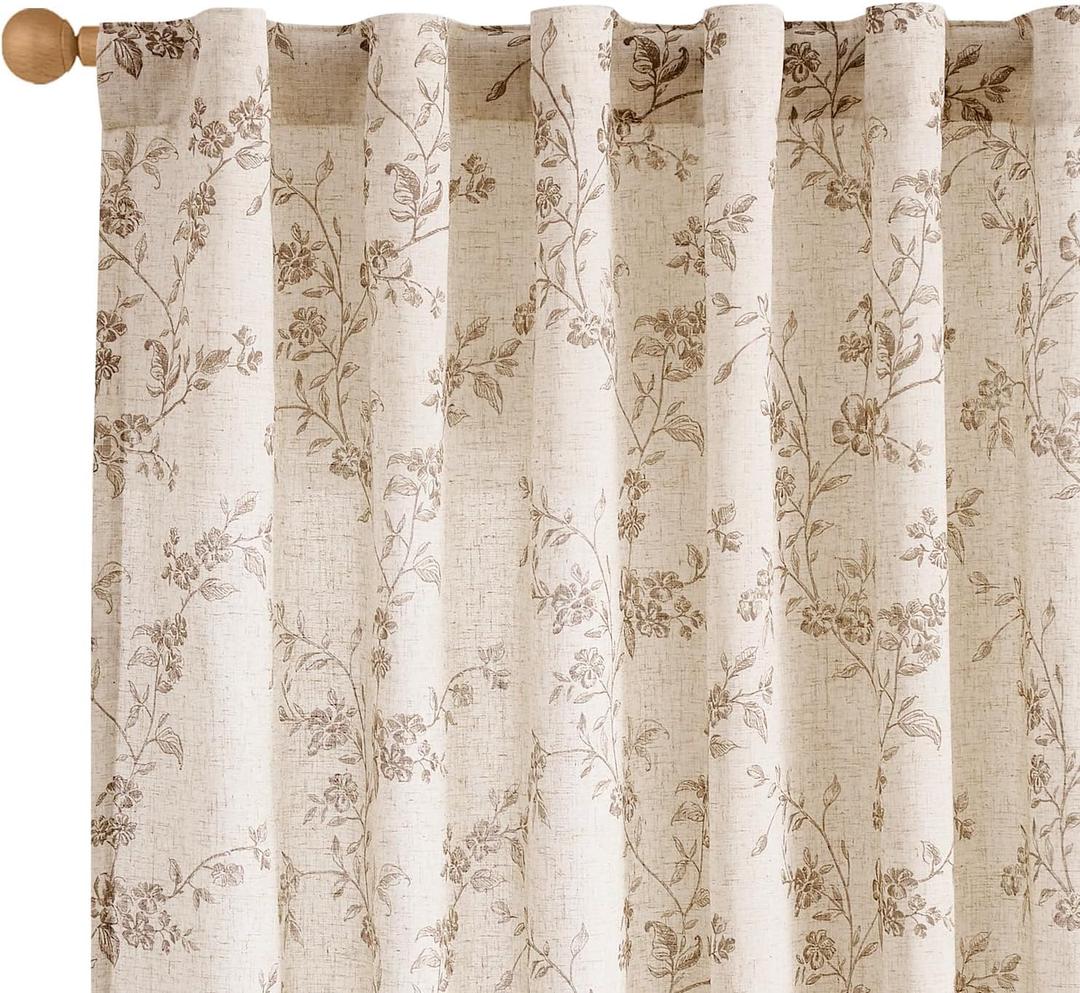 Boho Curtains for Living Room Tan Beige 63 Inches Long 2 Panel Semi Sheer Linen Floral Curtains Vintage Farmhouse Drapes for Dining Room Kitchen
