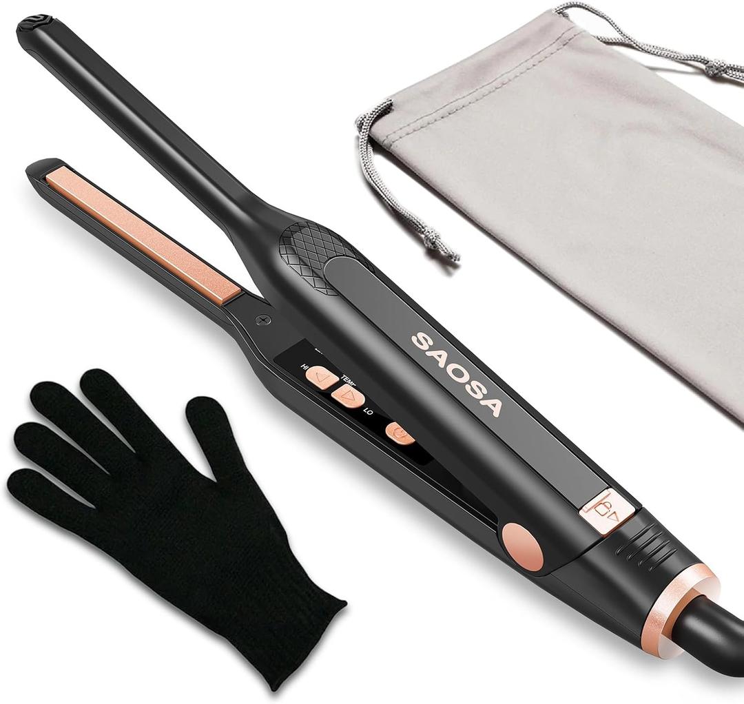 SAOSA Pencil Flat Iron, 3/10" Small Flat Irons for Short Hair, Pixie Cut and Bangs, Mini Hair Straightener for Edges, Tiny Hair Straightener Dual Voltage with Adjustable Temperature (Rose Gold)