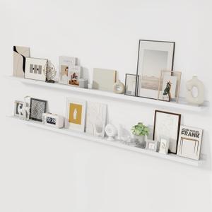 Acovy Picture Ledge Shelf, 72 inch Solid Ash Wood Floating Shelves Set of 2, Picture Ledge Ledge Wall Mounted for Living Room Kids' Room Bedroom, Color White