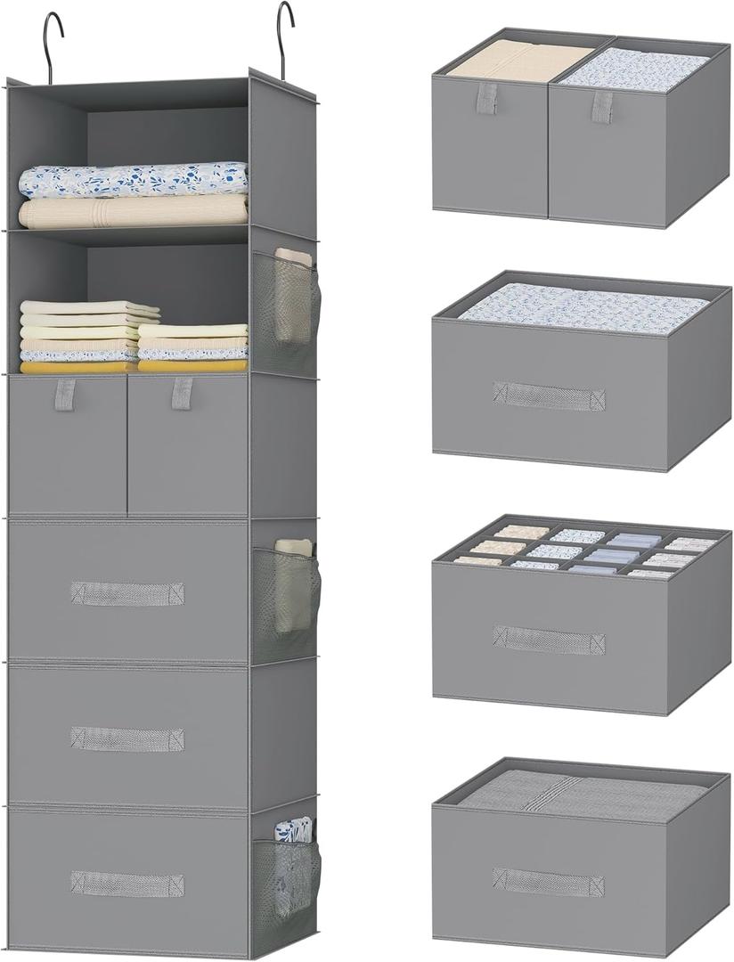 6-Shelves Hanging Closet Organizer with 5 Different Drawers, Foldable Closet Organizers and Storage for Wardrobe, Closet& RV, Clothes and Accessories Storage, Non-Woven Fabric, Gray (Grey)