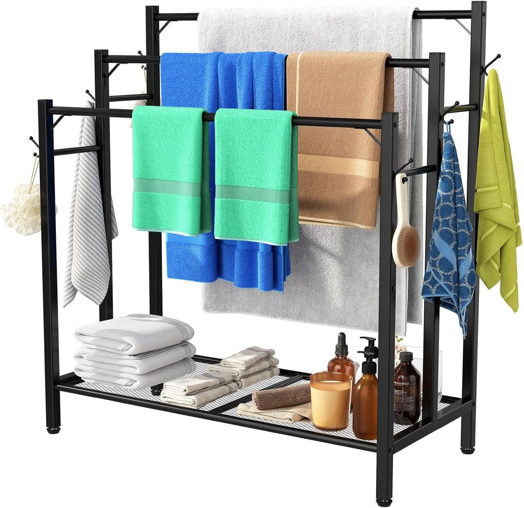 HavenlyYouth 3 Tier Towel Rack with Large Storage & 6 Hooks, Blanket Rack for Oversized Bath Towels, Free Standing Pool Towel Rack Stand for Bathroom Pool Indoor/Outdoor, 35.8" H x 31.5" L x 11.8" W