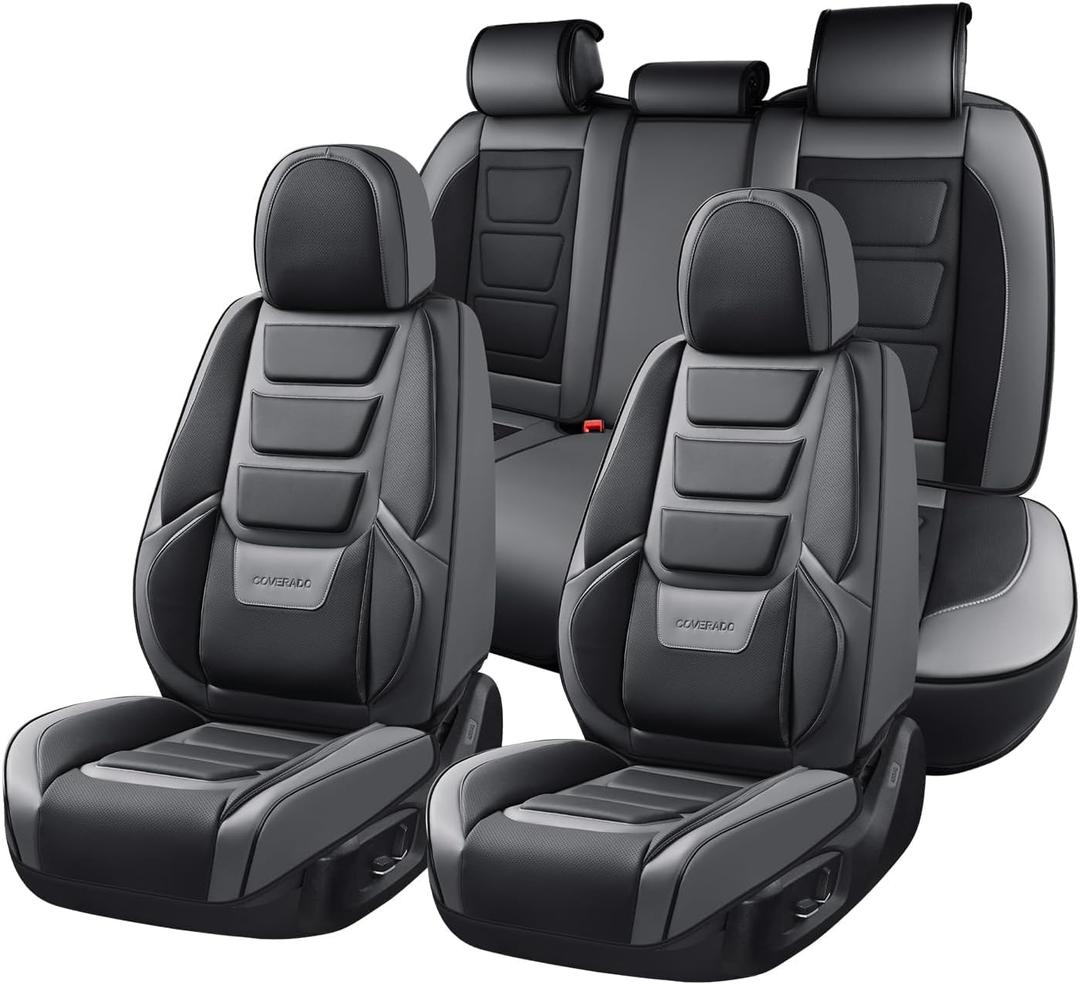 Coverado Car Seat Covers Full Set, Seat Covers for Cars, Front Seat Covers and Back Seat Cover Waterproof Leather Automotive Seat Cover Universal Car Interior Protectors Cushion for Most Cars (Black_Gray)