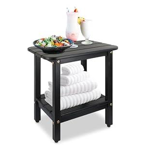 ENKEZI Small Acacia Outdoor Side Table, 2-Tier Sturdy Patio, End Table Weather Resistant, Strong Stability Adirondack, End Table for Bancony, Patio, Pool, Porch, Teak Finish (16 in Black)