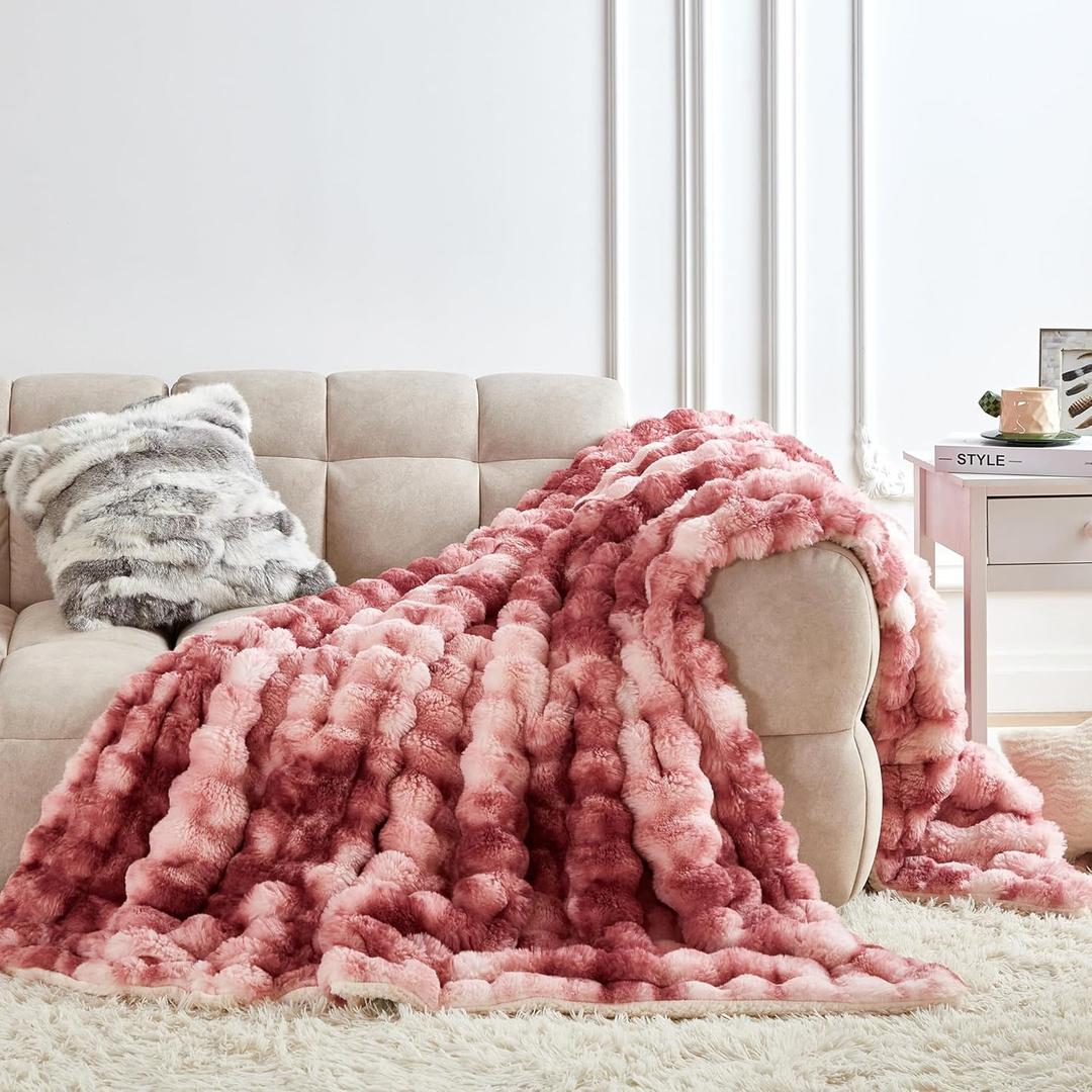 50x60 Inches Ultra-Soft Fuzzy Faux Fur Plush Throw Blanket - Thick, Warm Sherpa for Couch, Sofa, Bedroom, Camping - Decorative Blanket for Cozy Warmth, Bubble Dusty Rose Tie Dye