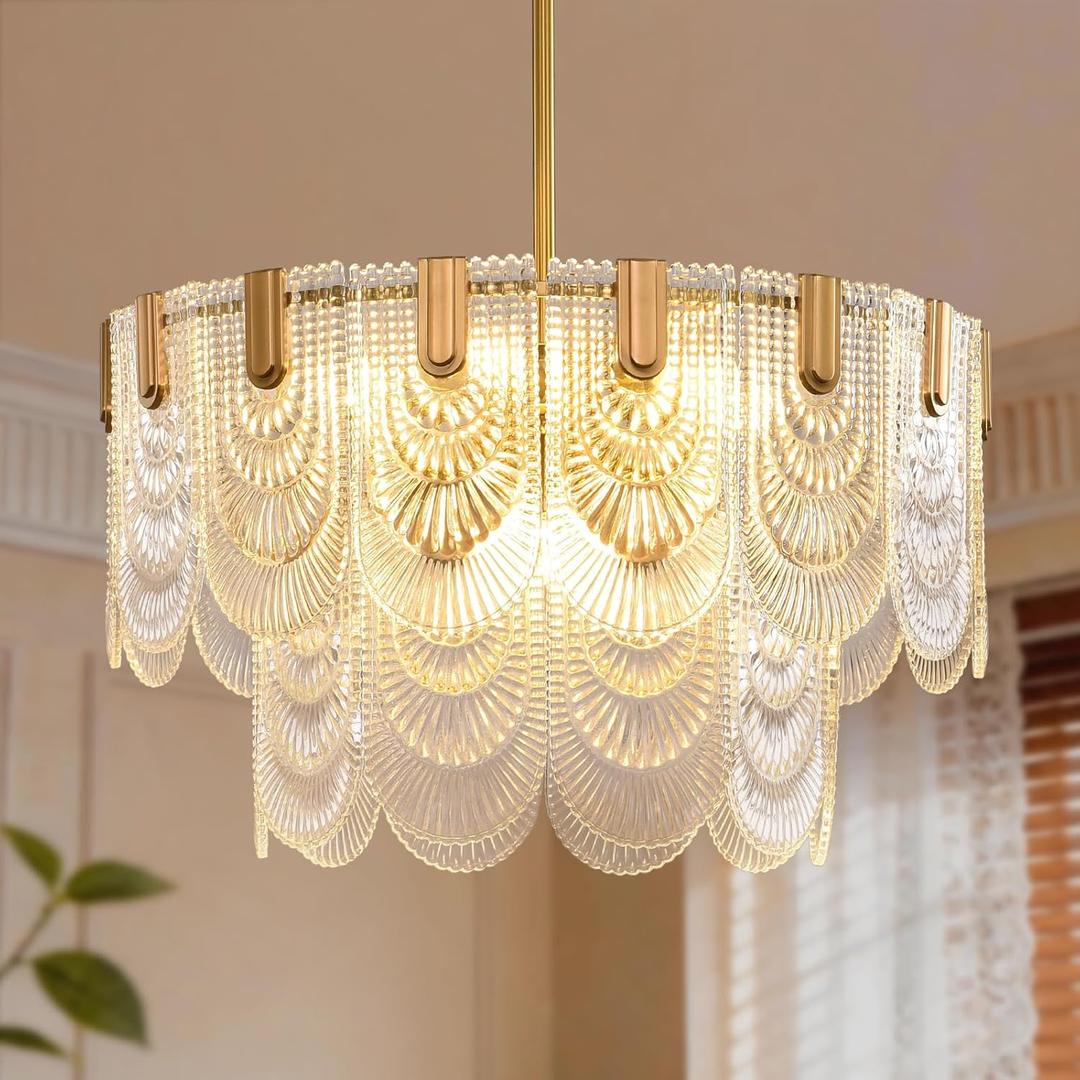 9-Light Glass Chandelier with lampshade, 24 Inch Gold Modern 2-Tier Ceiling Light for Dining Room Foyer Living Room Bedroom, Adjustable Hanging Rod, Vintage Luxury Lighting Fixture. E12 Base, 23.6inch