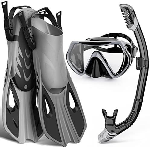 WONDSY Mask Fin Snorkel Set, Snorkeling Gear for Adults with Panoramic View Mask, Dry Top Snorkel, Adjustable Swim Fins and Travel Bag, Man Woman Snorkel Gear for Swimming Snorkeling Diving S/M