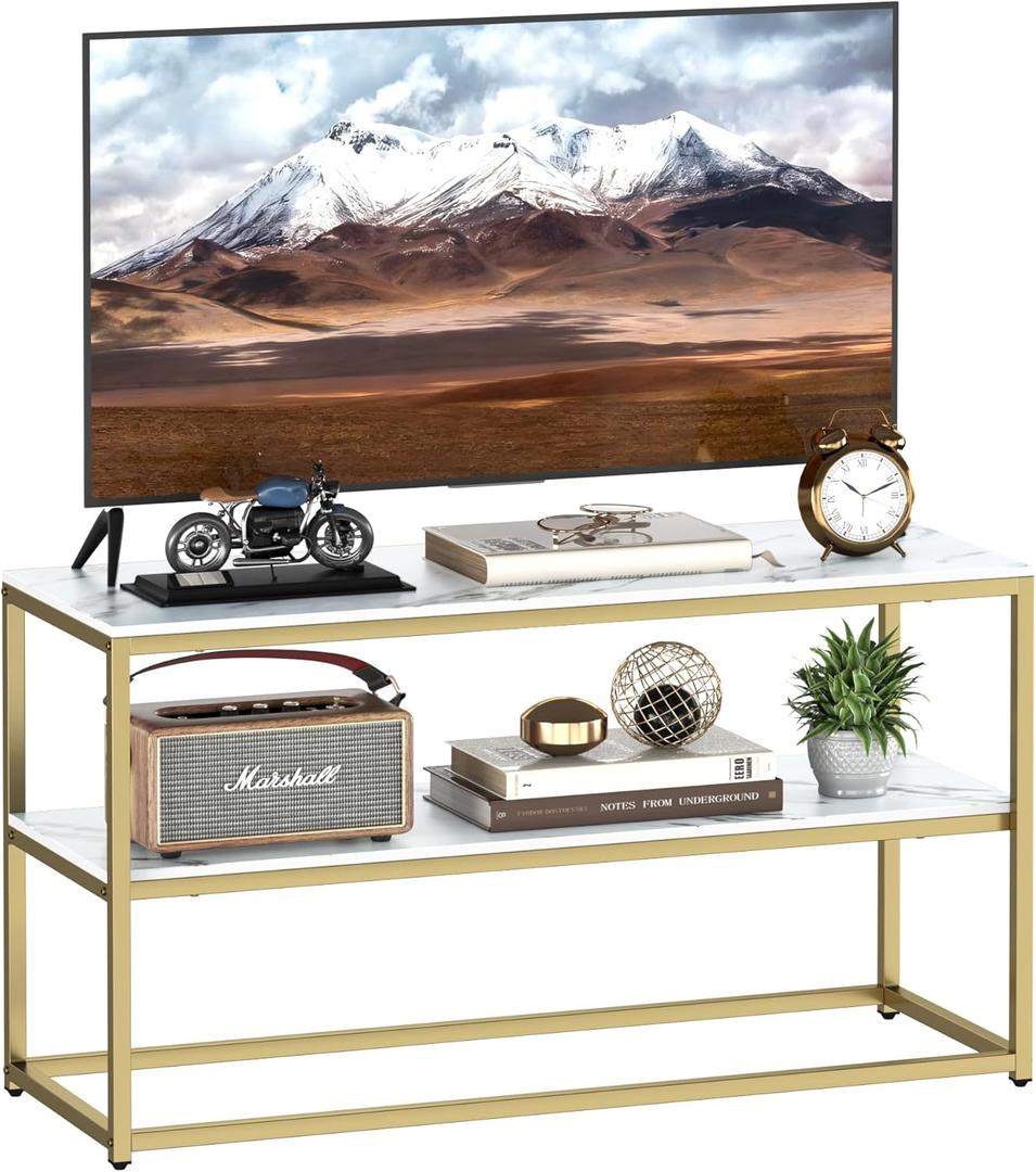 Function Home TV Stand for TVs up to 50 Inch, 3 Tier Entertainment Center, Modern TV Cabinet with Marble Top and Gold Metal Base, 42" Media Console Table with Storage for Living Room Bedroom