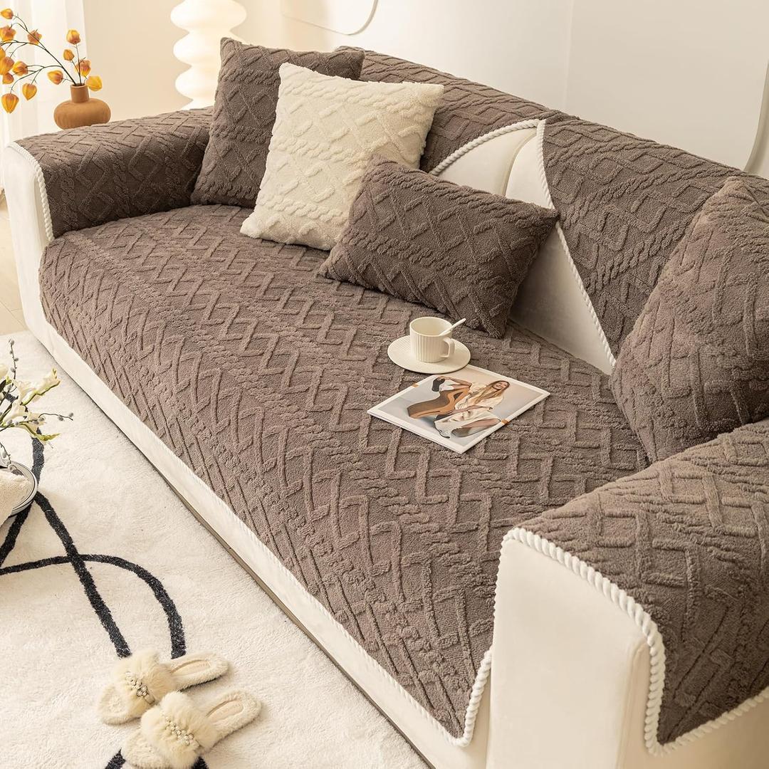 vctops Geometric Jacquard Plush Sofa Couch Covers Farmhouse Neutral Non Slip Sectional Couch Cover Soft Warm Sofa Slipcover for Dogs, Children, Pets Furniture Protector (Brown,28"x82")