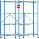 DEANIC 4 Tier Foldable Storage Shelves with Wheels, Large Capacity Shelving Unit, Freestanding Metal Wire Shelf Rack, No Assembly Organizer Rack for Garage Kitchen, Basement, Pantry(Blue Pack of 2)