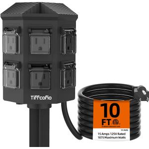 TiFFCOFiO Outdoor Power Strip with Stake Waterproof, 10 FT Extension Cord, 6 Grounded Outlets for Outdoor Lights, 14 AWG, 15A/1875W, ETL Listed (10 FT)