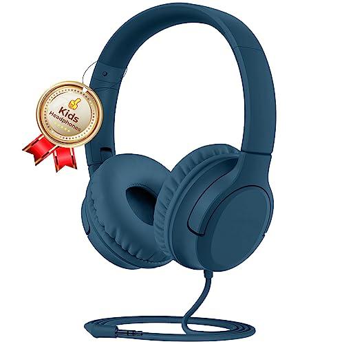 DyBaxa Kids Headphones Wired, Foldable On Ear Headset, Volume Limiter 94dB, Over-Ear Headphones for Kids School Online Classes Travel Children, 3.5mm Jack Compatible Smartphones Tablet, Dark Blue