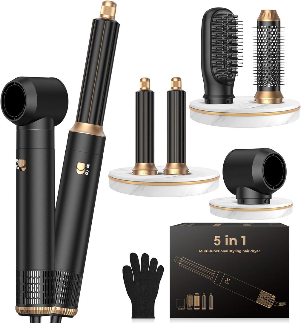 OKWRAP 5 in 1 Negative Ionic Hair Dryer Brush, Hot Air Styler with Auto Wrap Curler, Detachable Blow Dry Brush for Drying, Curling, Straightening & Smoothing