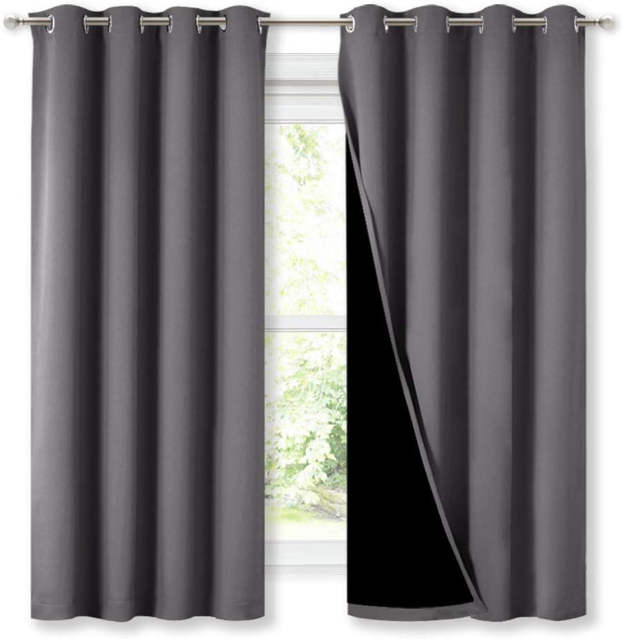 NICETOWN 100% Blackout Curtains with Black Liners, Thermal Insulated Full Blackout 2-Layer Lined Drapes, Energy Efficiency Window Draperies for Bedroom (Grey, 2 Panels, 52-inch W by 63-inch L)