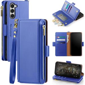 Antsturdy Compatible with Samsung Galaxy S23+/S23 Plus case Wallet with Card Holder for Women Men Phone case RFID Blocking PU Leather Flip Cover with Strap Zipper Credit Card Slots,Purple Blue