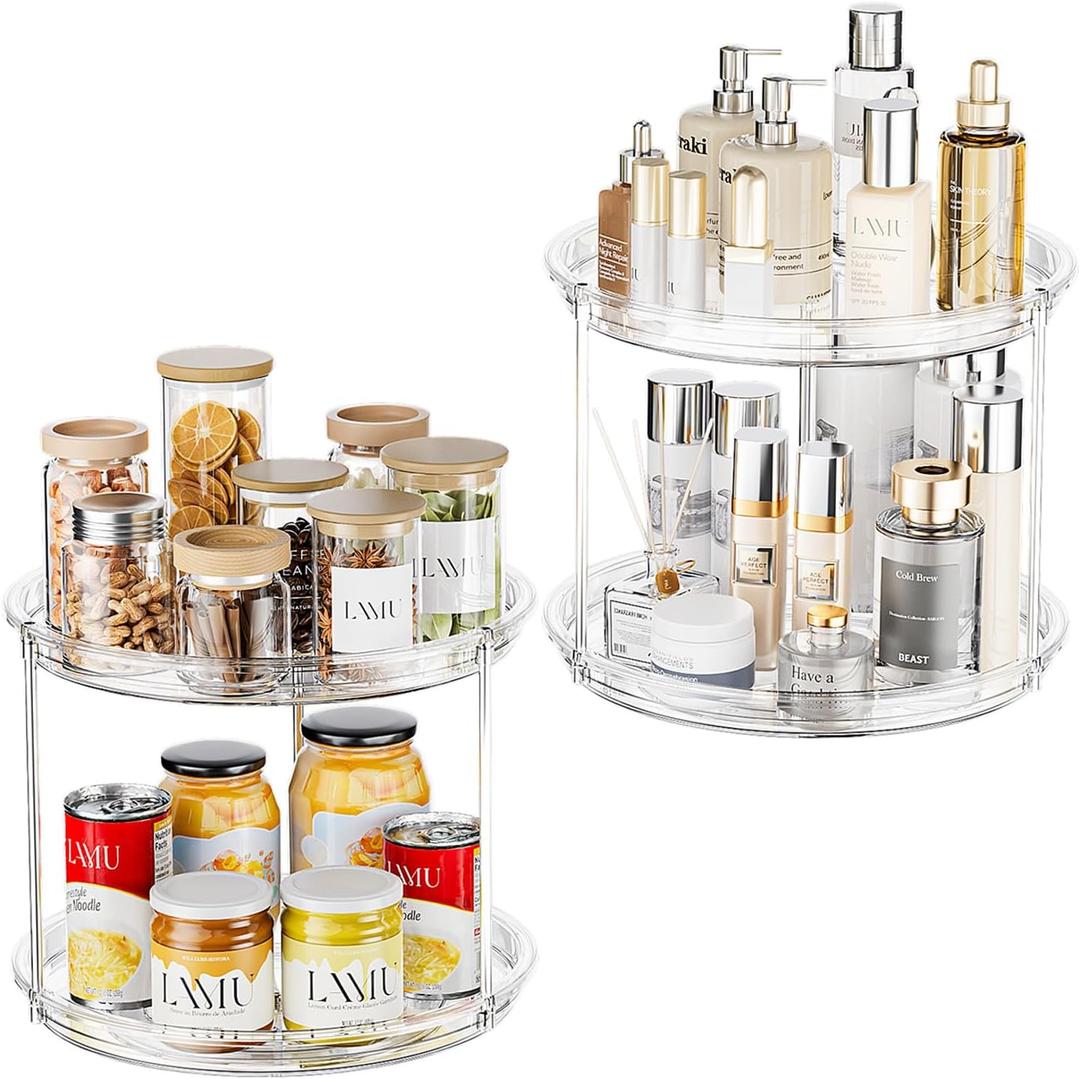 LAMU 2 Tier Lazy Susan Turntable Organizer for Cabinet, 9'' Rotating Spice Rack for Kitchen, Pantry, Countertop, Bathroom, Vanity, Under Sink, Medicine Cabinet Organizer, 2 Pack