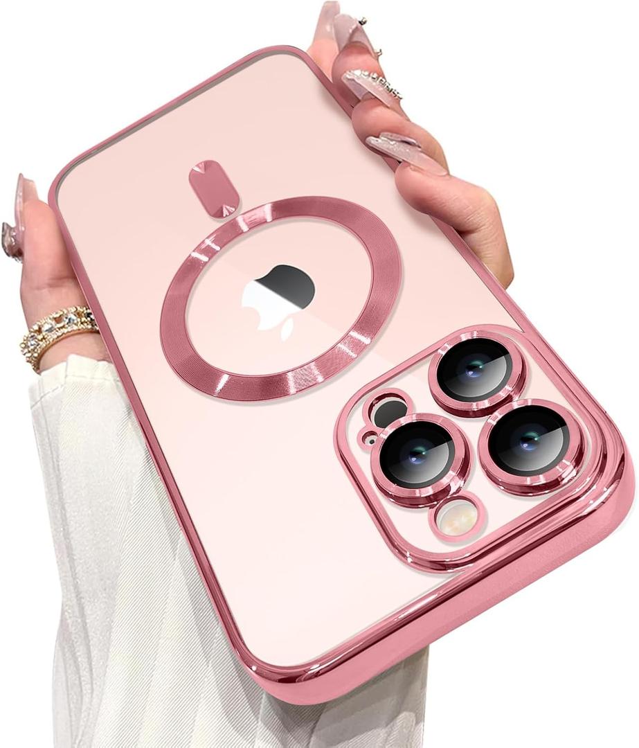 OOK Magnetic Case Made for iPhone 16 Pro (6.3 Inch) [Built-in Camera Lens Protector] [Compatible with MagSafe] Soft TPU Anti-Scratch Shockproof Protective Slim Clear Case for Women Men - Pink