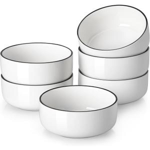 MALACASA 24 OZ Cereal Bowls, Porcelain Soup Oatmeal Bowls Set of 6, White Kitchen Ceramic Serving Bowl wtih Black Rim, Dishwasher Microwave Oven Safe, White, Series Luna, Ivory White 