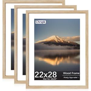 22X28 Poster Frame, Display Pictures 18X24 with Mat or 22X28 Without, Wall Hanging Frames, Natural Oak, 3 Pack