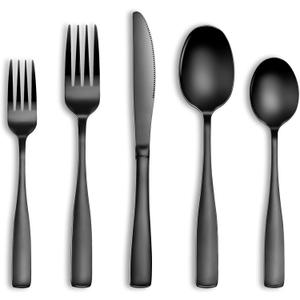 20 Pcs Black Silverware Set, Food-Grade Stainless Steel Flatware Set for 4, Square Cutlery Set, Mirror Polished Tableware Eating Utensils Set for Kitchen, Include Knife Fork Spoon Set,Dishwasher Safe