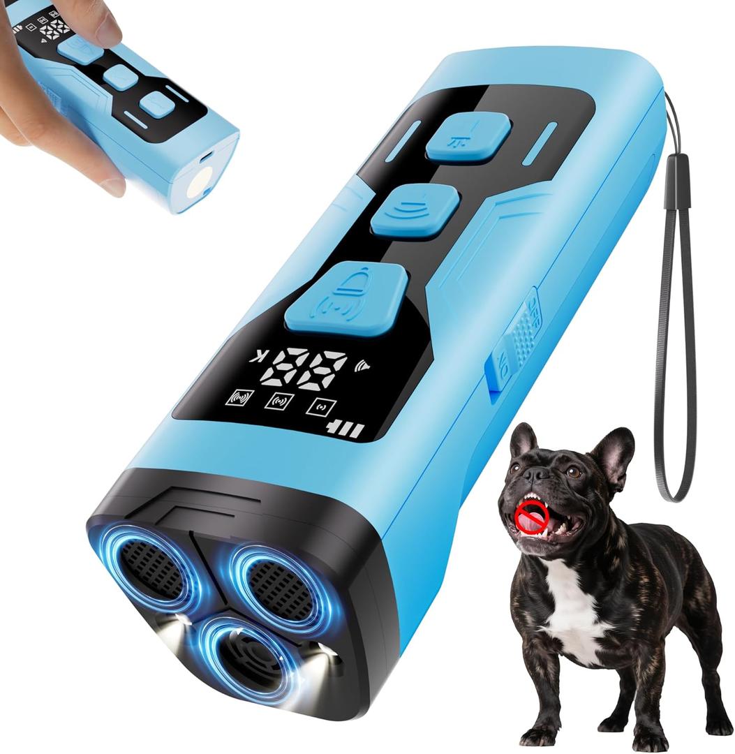 KQMOP Dog Bark Deterrent Devices, 3X Ultrasonic 65FT Anti Barking Device, 4 Gear Frequencies Safer Alternatives to Dog Training Bark Collars, Portable Design with Display for All Dogs (Blue)