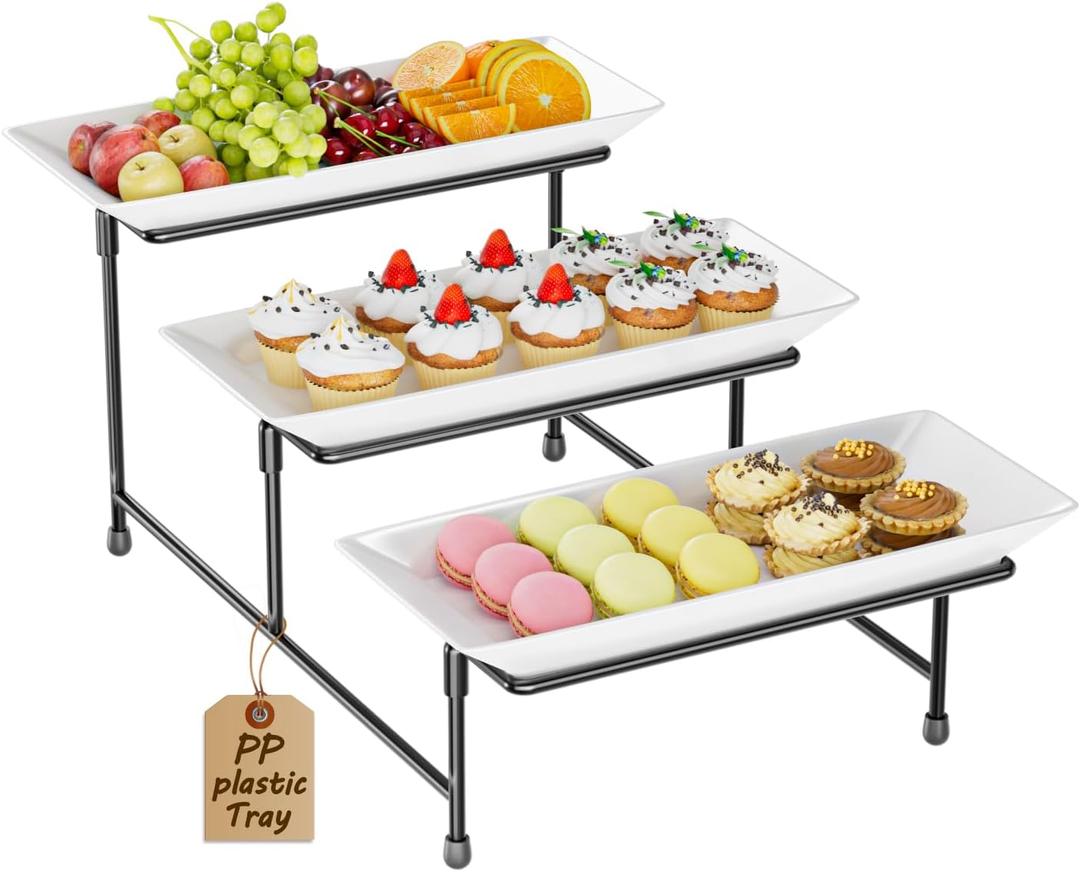 3 Tier Serving Tray for Party, 12.8"x7.5" BPA Free Food Grade Shatterproof Tiered Serving Platters with Steel Stand, Collapsible Dessert Display for Wedding, Graduation, BBQ, Holiday Events, Black