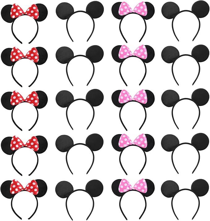 NEWTGAN 20 PCS Mouse Ears Headbands for Birthday Party Theme Park Costume Play Celebration for Boys and Girls (3color) (pink and red)