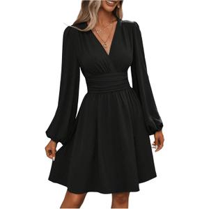 SOLY HUX Women's Elegant Dress V Neck Long Sleeve High Waist Swing Prom Cocktail Short Dresses Plain Black Large