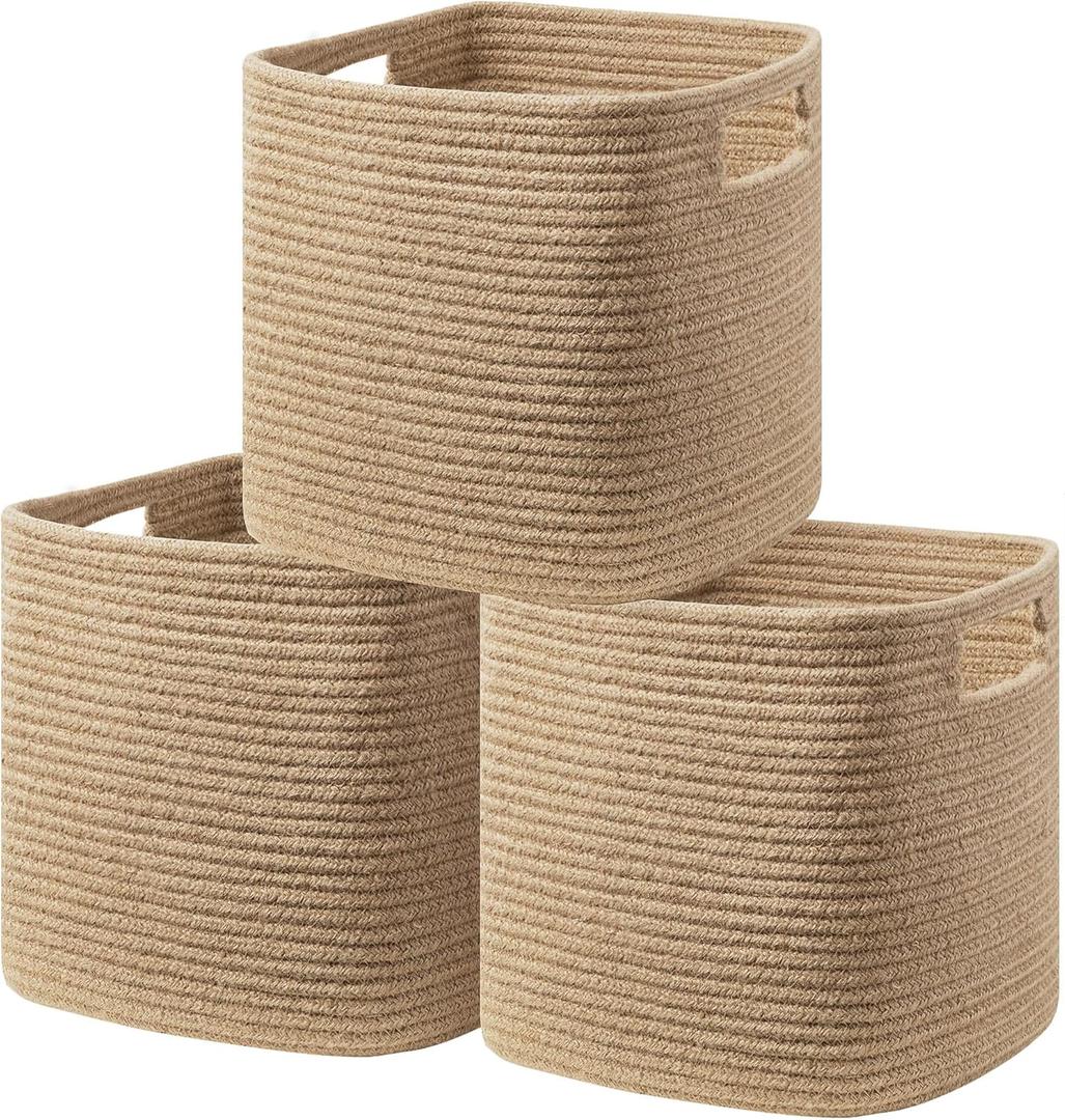 UBBCARE Set of 3 Cotton Rope Basket 11 X 10.5 X 10.5 Inches, Woven Storage Baskets for Shelves, Organizing with Handles, Cube Storage Bins for Storage Books, Magazines, Jute