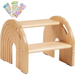 Rainbow Wooden Toddler Step Stool for Kids, Two-Step Stool for Bathroom Sink and Potty Training, Child Stepping Stool for Kitchen with Safety Non-Slip Pad, Handle and Auto Light