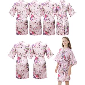 6Pcs Girls Silky Robes Birthday Girl Spa Party Wedding Bridal Party Flower Girl Robe Kimono (10, Pink)