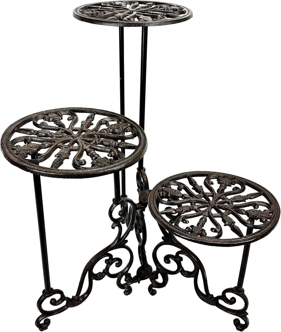 Linton Arts 24" 3-Tier Cast Iron Plant Stand, Ornate Indoor Plant Shelf | Foldable heavy-duty wrought iron plant stand, indoors plant stand, rustic display rack for balcony, patio & garden corner