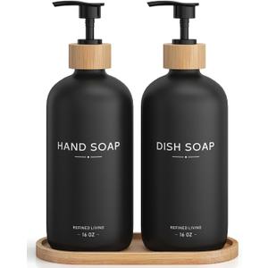 Hand and Dish Soap Dispenser Set,16oz Glass Bottles with Printed Labels, Bamboo Tray & Pump,Countertop Soap Dispensers for Kitchen,Luxury, Minimalist & Farmhouse Decor (Hand Dish (Black))