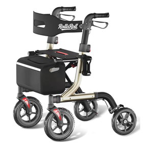 Walkers for Seniors with Seat, Foldable Rollator Walker, Reinforced Aluminum Frame, 10" Big Rubber Wheels for All Terrain, Built-in Cable, Lightweight Rolling Walker, Golden