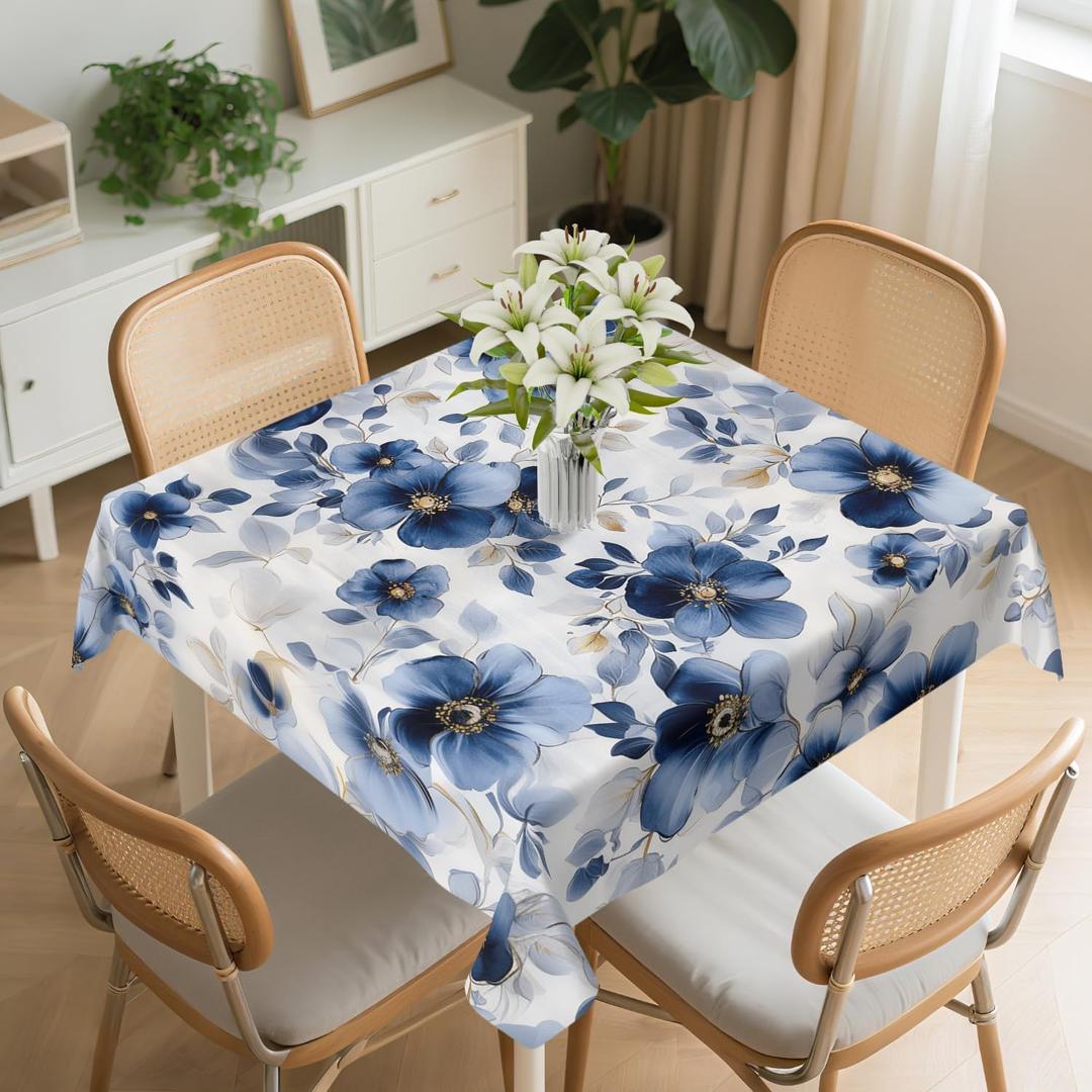Square Tablecloth Washable Table Cover 54"x54" and 60"x60", Waterproof Square Table Cloth for Indoor and Outdoor, 60x60In, Blue Flowers