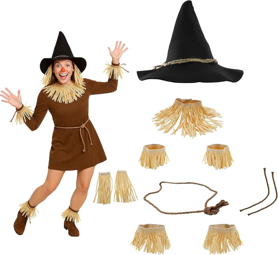 Nicky Bigs Novelties Adult Deluxe Felt Scarecrow Hat And Straw Kit 11 Piece Wizard Witch Halloween Costume Accessory Set (Black/Brown)