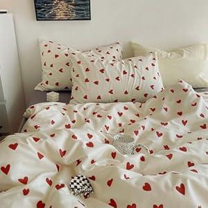 Nayoroom Heart Duvet Cover Full Size Cute Red Love Heart Printed on White Bedding Set 3Pcs Kids Girls Kawaii Heart-Shaped Pattern Comforter Cover with Zipper Closure Soft Breathable Microfiber